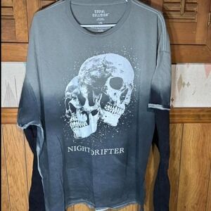 Social Collision Night Drifter Skull Graphic Ombre Double Sleeve Shirt Mens L/XL